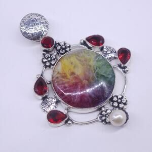 Round Rainbow Quartz Pendant with Red Gemstones and Pearl Accent 3x2"